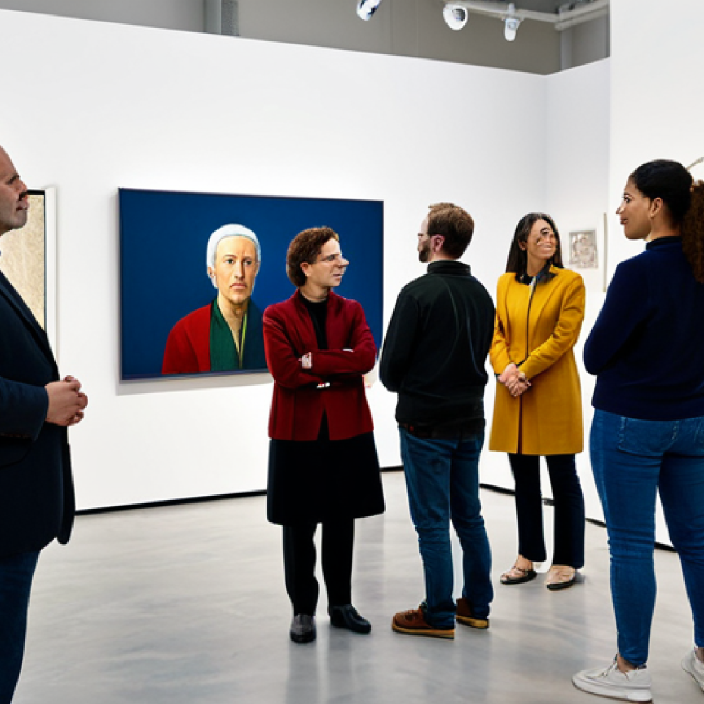 A diverse group of professional adults, fully clothed in modest, appropriate attire, standing in a spacious, modern art gallery. The gallery features a blend of traditional and contemporary art, including a classical sculpture, a vibrant abstract painting, and a large digital screen displaying cutting-edge digital art. They are engaged in respectful discussion, some observing a piece closely, others gesturing thoughtfully. The atmosphere is one of global cultural exchange and mutual appreciation. Perfect anatomy, correct proportions, natural poses, well-formed hands, proper finger count. High-resolution, professional photography, soft studio lighting. Safe for work, appropriate content, fully clothed, family-friendly.