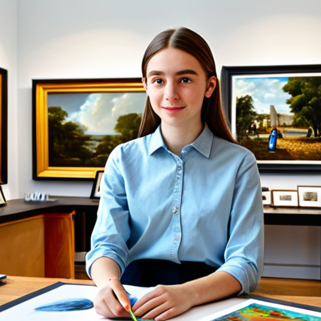 **

"A young, enthusiastic intern fully clothed in modest attire working diligently at a desk in a bustling art gallery, surrounded by colorful paintings and sculptures, safe for work, appropriate content, perfect anatomy, natural proportions, professional, family-friendly, focused on the task at hand, well-lit environment"

**