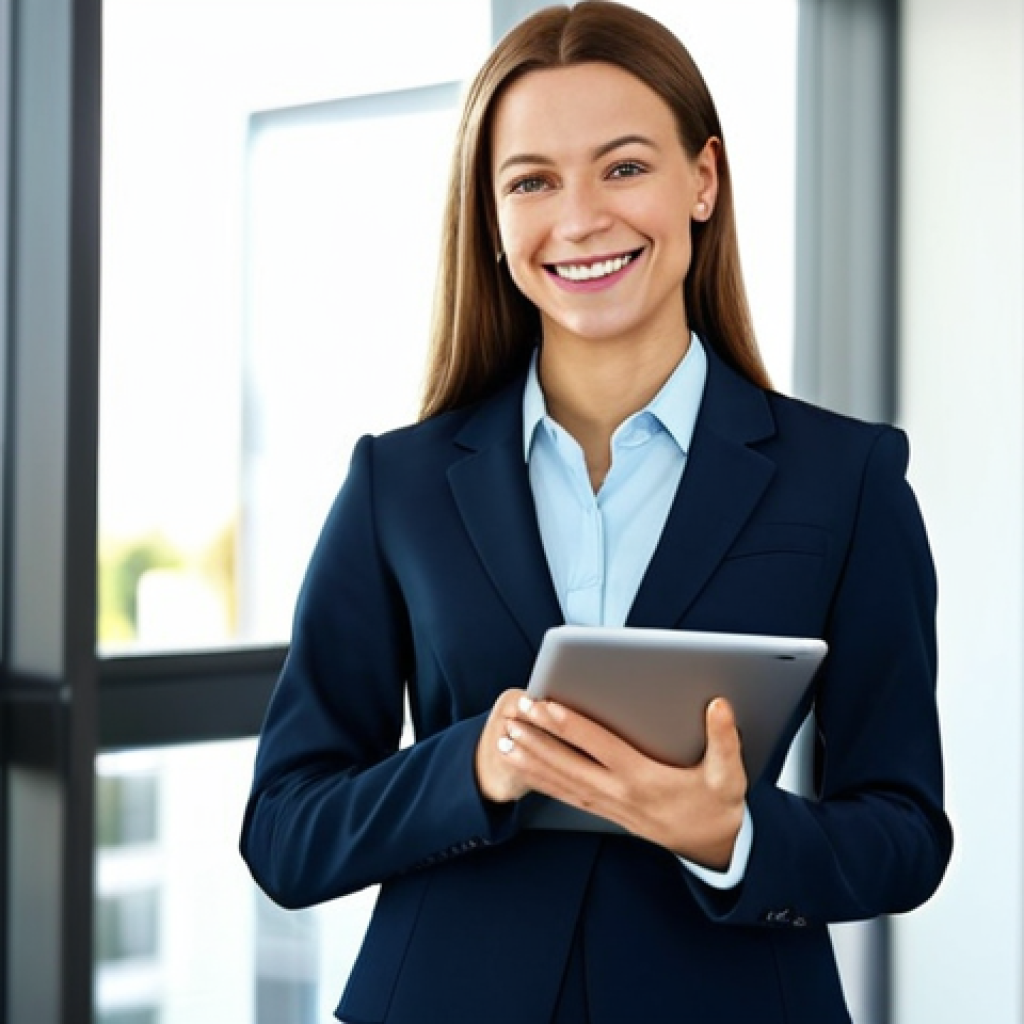 **

A professional woman, fully clothed in a modest business suit, stands in a modern, sunlit office. She is holding a tablet and smiling confidently. Background includes blurred office workers and modern decor. Perfect anatomy, correct proportions, natural pose, well-formed hands, proper finger count, natural body proportions, safe for work, appropriate content, fully clothed, professional.

**