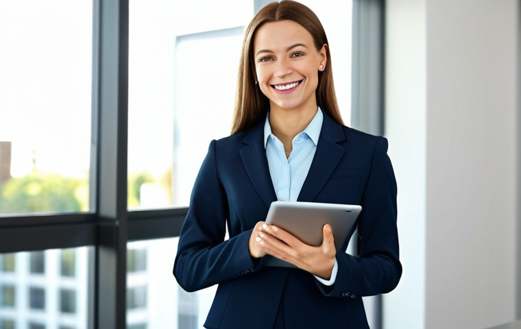 **

A professional woman, fully clothed in a modest business suit, stands in a modern, sunlit office. She is holding a tablet and smiling confidently. Background includes blurred office workers and modern decor. Perfect anatomy, correct proportions, natural pose, well-formed hands, proper finger count, natural body proportions, safe for work, appropriate content, fully clothed, professional.

**