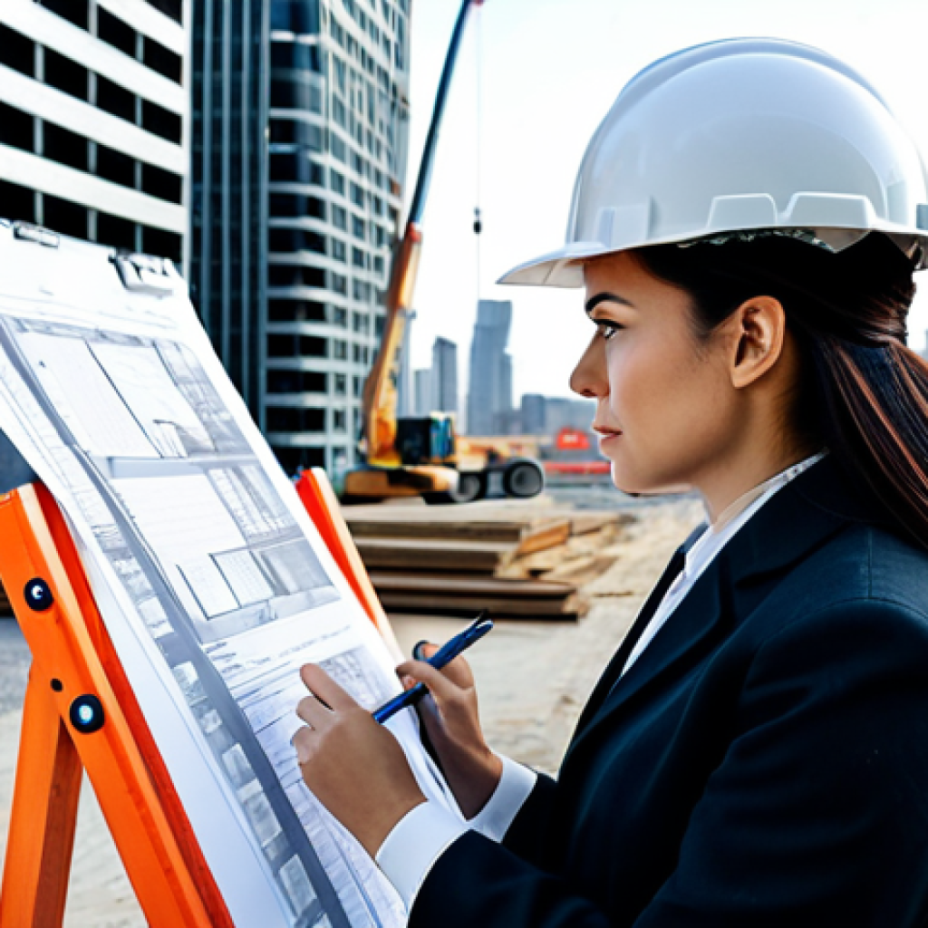 미술문화기획사의 프로젝트 관리 성공 비결 - **Prompt:** "A professional female architect, fully clothed in modest business attire, reviewing blu...