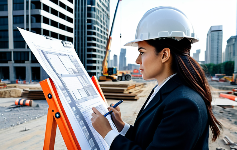 미술문화기획사의 프로젝트 관리 성공 비결 - **Prompt:** "A professional female architect, fully clothed in modest business attire, reviewing blu...