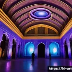 미술문화기획사의 최신 프로젝트 트렌드 - **Immersive Digital Art in a Historic Palace:** A grand, ancient Indian palace, perhaps with Mughal ...