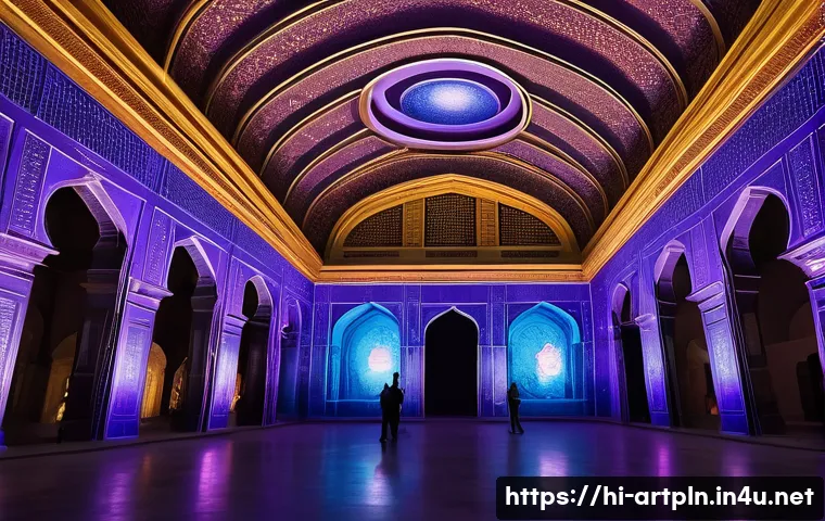 미술문화기획사의 최신 프로젝트 트렌드 - **Immersive Digital Art in a Historic Palace:** A grand, ancient Indian palace, perhaps with Mughal ...