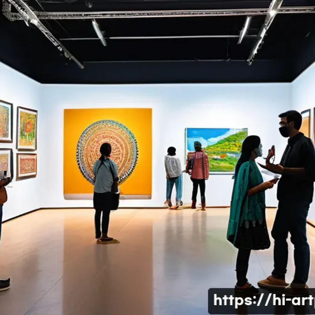 미술문화기획사의 업무 혁신 사례 연구 - A vibrant digital art gallery featuring a diverse group of Indian visitors engaging with interactive...