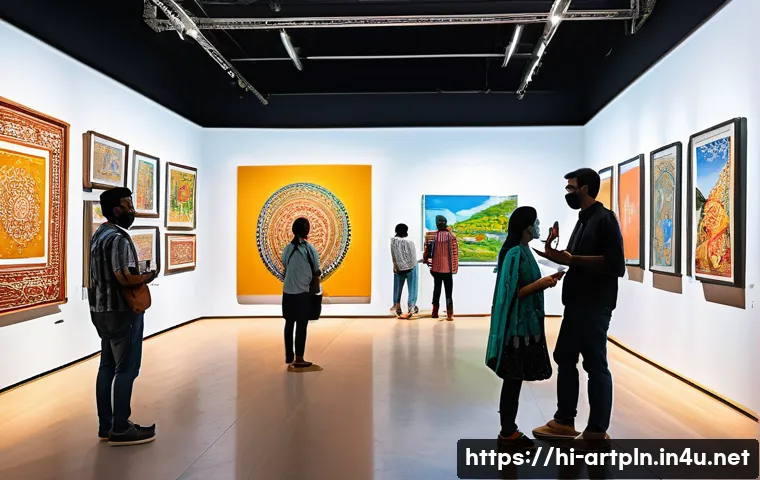 미술문화기획사의 업무 혁신 사례 연구 - A vibrant digital art gallery featuring a diverse group of Indian visitors engaging with interactive...