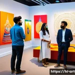미술문화기획사 입문자를 위한 가이드 - A vibrant modern art exhibition setup in an urban Indian cultural center, featuring diverse artists ...