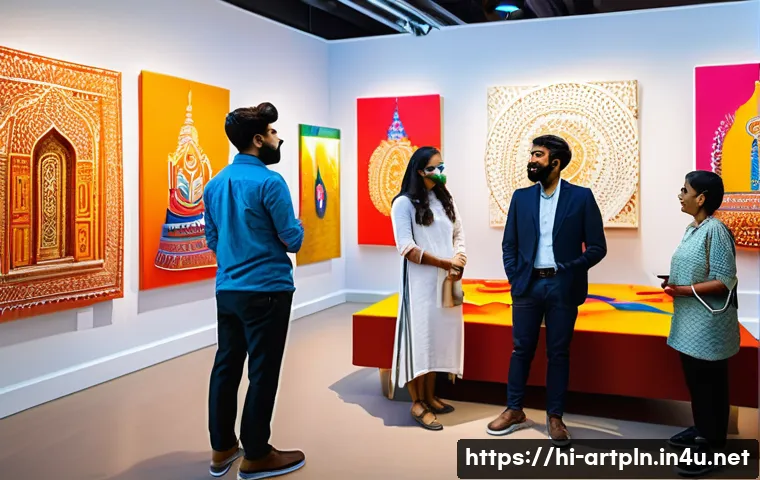 미술문화기획사 입문자를 위한 가이드 - A vibrant modern art exhibition setup in an urban Indian cultural center, featuring diverse artists ...