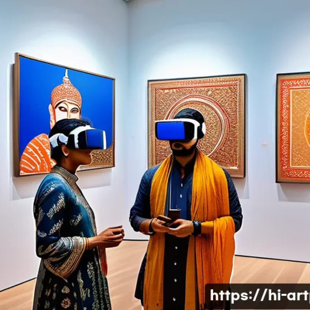 미술문화기획사의 글로벌 트렌드 분석 - A vibrant digital art exhibition scene showcasing a diverse group of Indian artists and audience mem...