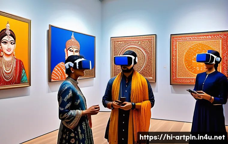 미술문화기획사의 글로벌 트렌드 분석 - A vibrant digital art exhibition scene showcasing a diverse group of Indian artists and audience mem...