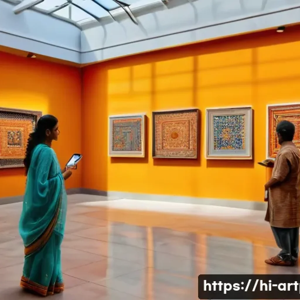 미술문화기획사 직무 교육 프로그램 - A vibrant modern art gallery interior in India featuring diverse visitors engaging with digital and ...