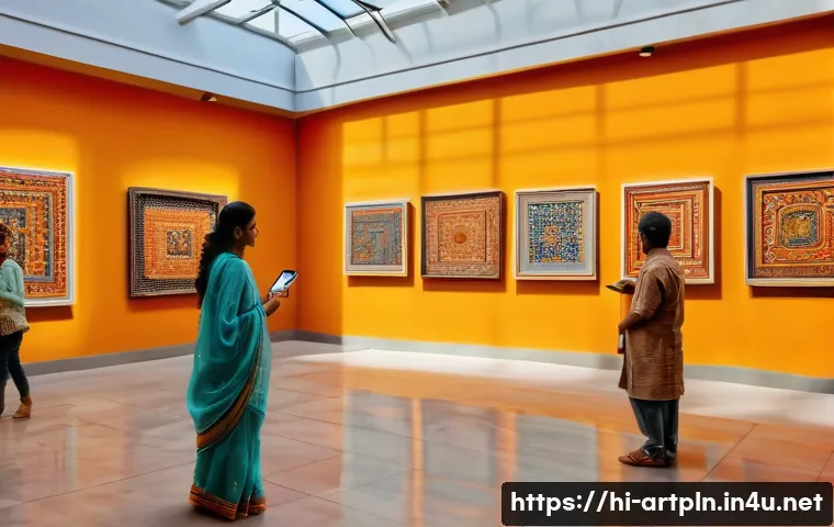 미술문화기획사 직무 교육 프로그램 - A vibrant modern art gallery interior in India featuring diverse visitors engaging with digital and ...