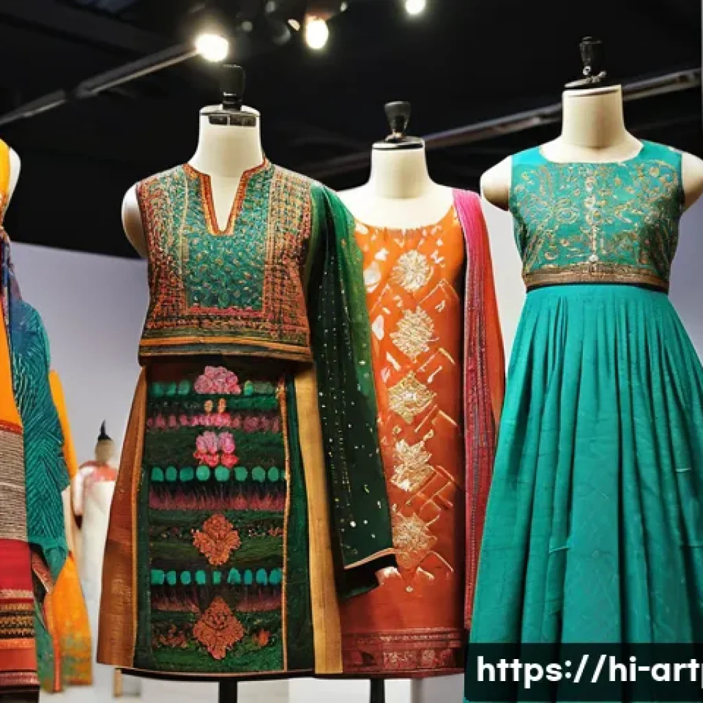 미술문화기획사의 산업별 특화 사례 - A vibrant fashion studio showcasing contemporary clothing designs that incorporate traditional India...