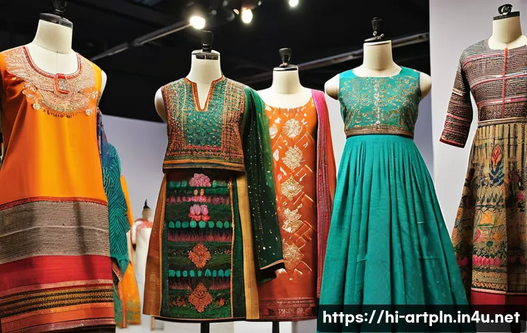 미술문화기획사의 산업별 특화 사례 - A vibrant fashion studio showcasing contemporary clothing designs that incorporate traditional India...