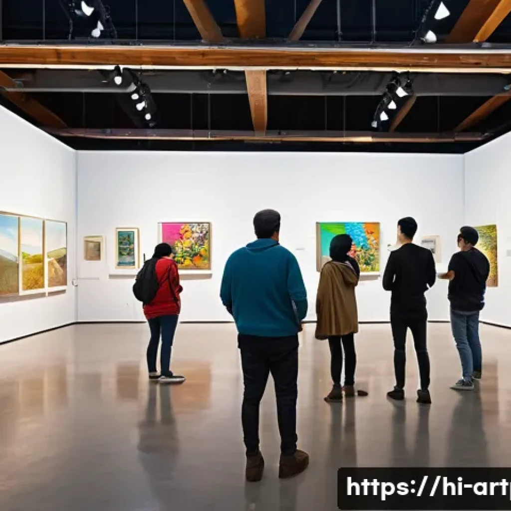 미술문화기획사의 전시기획 주요 요소 - A vibrant contemporary art exhibition scene set in a spacious, well-lit gallery with diverse artwork...