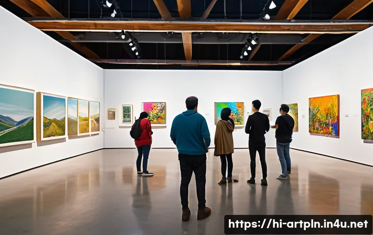 미술문화기획사의 전시기획 주요 요소 - A vibrant contemporary art exhibition scene set in a spacious, well-lit gallery with diverse artwork...