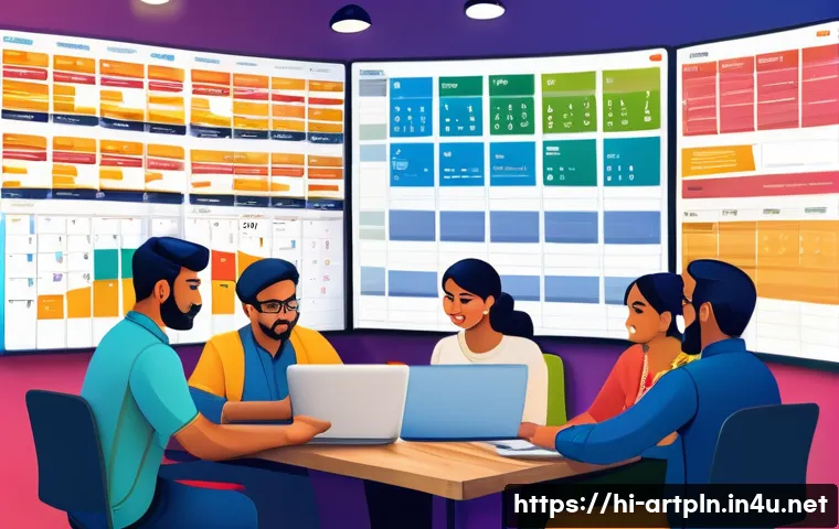 미술문화기획사의 업무 효율성을 높이는 도구 - A vibrant scene of a diverse team organizing a large Indian cultural festival using digital project ...