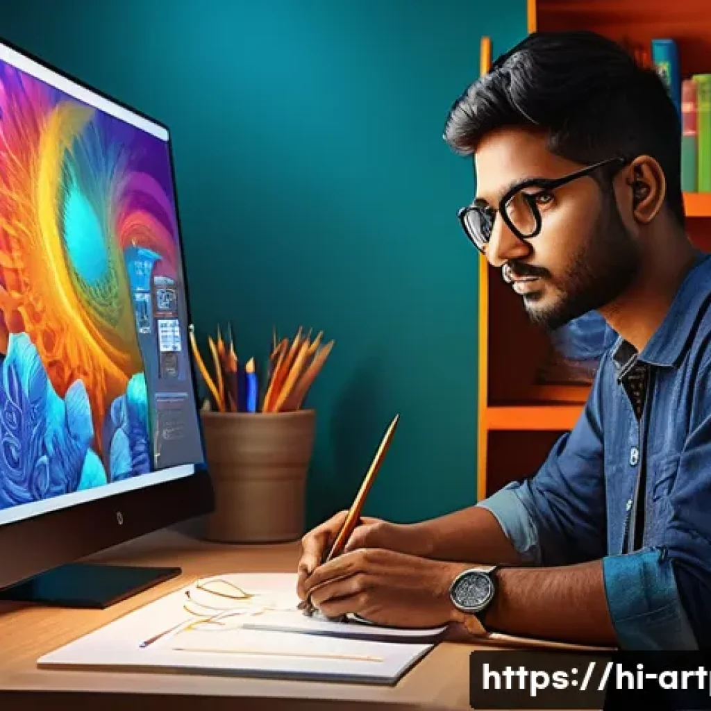 미술문화기획사 자격증 시험의 최신 트렌드 - A modern digital art studio scene featuring a young Indian artist working on a high-resolution graph...