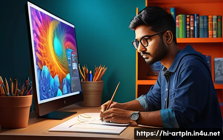 미술문화기획사 자격증 시험의 최신 트렌드 - A modern digital art studio scene featuring a young Indian artist working on a high-resolution graph...