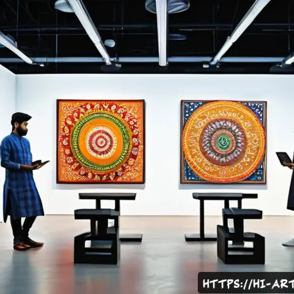 미술문화기획사의 직무 효율성 연구 보고서 - A vibrant digital art exhibition scene showcasing a diverse group of Indian artists and art managers...