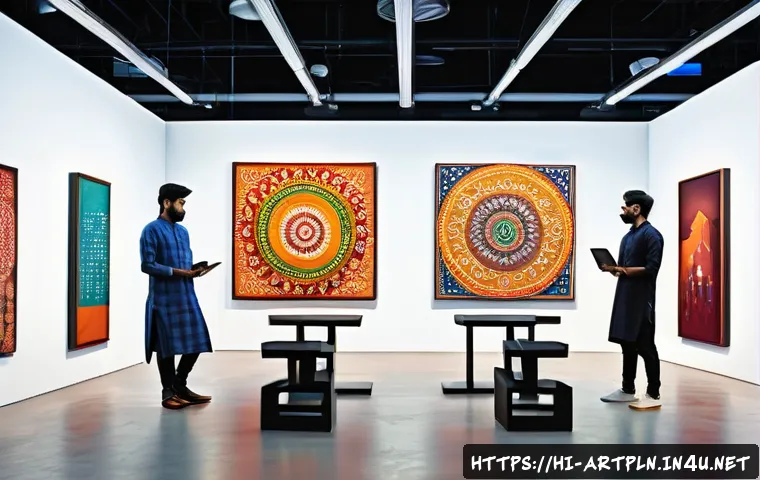미술문화기획사의 직무 효율성 연구 보고서 - A vibrant digital art exhibition scene showcasing a diverse group of Indian artists and art managers...