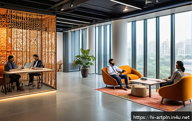 미술문화기획사의 직무 만족도를 높이는 방법 - A vibrant modern Indian office space filled with diverse employees engaged in a collaborative team m...