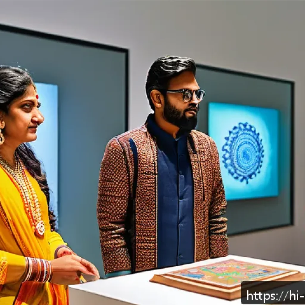 미술문화기획사의 창의적 문제 해결 스토리 - A vibrant modern art exhibition scene featuring young Indian artists blending traditional crafts wit...
