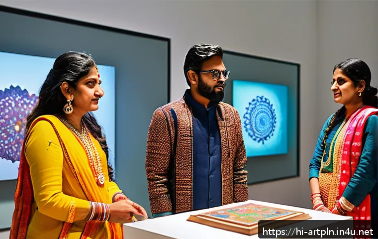 미술문화기획사의 창의적 문제 해결 스토리 - A vibrant modern art exhibition scene featuring young Indian artists blending traditional crafts wit...