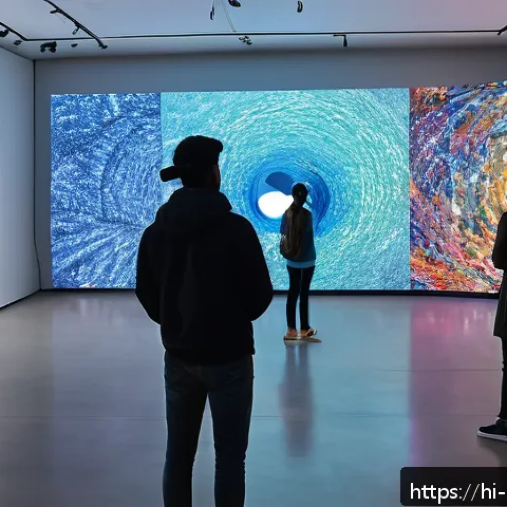 미술문화기획사의 전시 기획 사례 연구 - A vibrant modern art exhibition scene featuring diverse visitors engaging with interactive digital a...