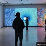 미술문화기획사의 전시 기획 사례 연구 - A vibrant modern art exhibition scene featuring diverse visitors engaging with interactive digital a...
