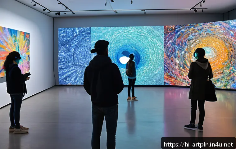 미술문화기획사의 전시 기획 사례 연구 - A vibrant modern art exhibition scene featuring diverse visitors engaging with interactive digital a...
