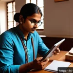 미술문화기획사 자격증 시험 합격 후기 - A detailed scene of a young Indian museum culture planner preparing for an exam in a cozy study room...