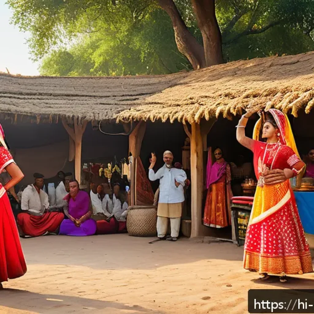 미술문화기획사로 성공하기 위한 필수 역량 - A vibrant cultural festival scene in an Indian village setting, showcasing local artists performing ...