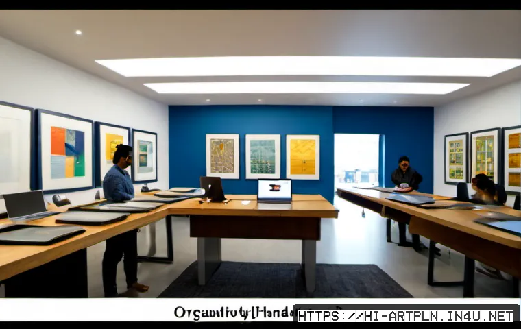 Home 17 미술문화기획사의 주요 업무의 디지털화 - Photorealistic contemporary Indian art and cultural planning agency office, diverse Hindi-speaking c...